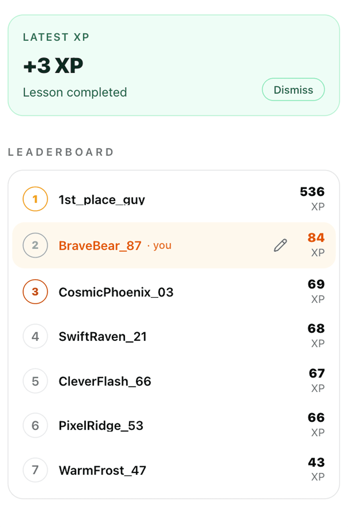 Recent XP earned above a leaderboard showing ranked students and their totals