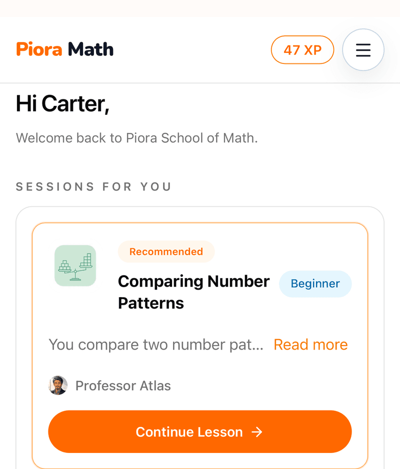 Dashboard recommending a personalized next lesson with progress badges